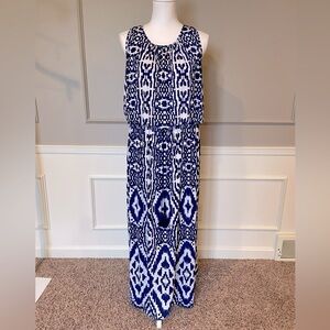 Ruby Rd XL Bohemian Aztec Patterned Maxi Dress blue white sleeveless long soft